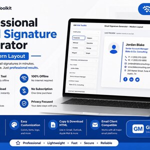 May include: A digital software interface for a professional email signature generator titled GM Virk Toolkit. The screen displays a live preview of a signature for Jordan Blake, featuring contact details, icons, and a layout menu on a laptop and phone.