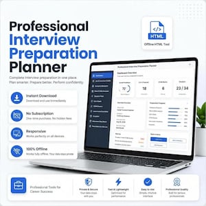 Può includere: Un pianificatore digitale per la preparazione ai colloqui professionali visualizzato su uno schermo di un portatile. L'interfaccia mostra una dashboard con metriche di avanzamento, una panoramica dei colloqui e liste di controllo.