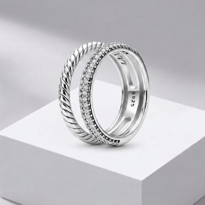 925 Silver CZ Pave Stack Ring Twisted Rope Band Duo Design.