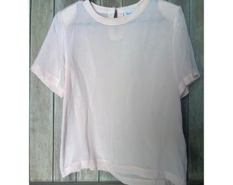 Stephanie Andrews vintage 100% zijden blouse perzikroze keyhole met korte mouw m