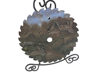 Soporte de paisaje rústico de granero de Jane Conner, 1987, con hoja de sierra pintada a mano vintage