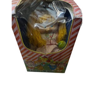 May include: A vintage doll with blonde yarn hair and blue eyes, packaged in a box. The doll wears a pink dress and holds a green ball. The box has a red and white striped design and features the text "Fruit'n Kids".