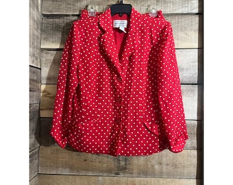 Conjunto de falda y chaqueta vintage de Karin Stevens con estampado de lunares rojos y falda con volantes, talla 10.