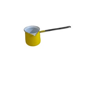 May include: A yellow enamel coffee pot with a long, black handle. The interior is white, and the pot has a rounded shape. The handle is attached to the side of the pot. The pot is designed for stovetop use.