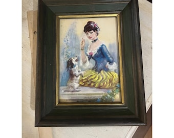 Lámina enmarcada vintage de John Strevens "Un poco de ánimo": Mujer y perro, 8 x 10