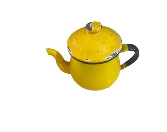 Tetera vintage de esmalte amarillo con mango negro, decoración rústica de granja, 5 pulgadas