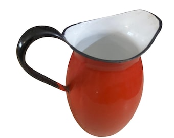 Jarra vintage de esmalte rojo con asa negra y interior blanco, estilo granja japonesa, 5.5 pulgadas
