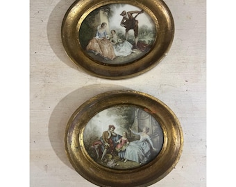 Juego vintage de 2 láminas rococó en miniatura con marco dorado ovalado, decoración de escenas de cortejo.