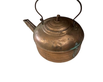Tetera antigua de cobre estilo rústico primitivo para cocina con mango de madera de 20 cm