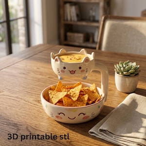 Peut inclure: Un ensemble de bols à collation en céramique comprenant un bol inférieur rempli de chips de tortilla et un bol supérieur en forme de chat contenant une sauce au fromage jaune. Le design inclut des visages peints et le texte 3D printable stl.