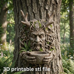 May include: A brown, textured wall sculpture of a forest spirit with antlers, oak leaves, and moss, holding a small bowl in its hands. The sculpture is mounted on a tree trunk. The text 3D printable stl file is visible at the bottom.