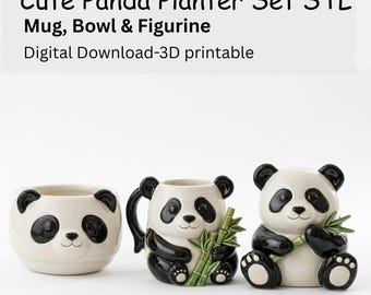Panda Planter STL Bundle | Cute Panda Mug & Bowl 3D Print File | Animal Plant Pot Set | Desk Decor STL | Instant Download
