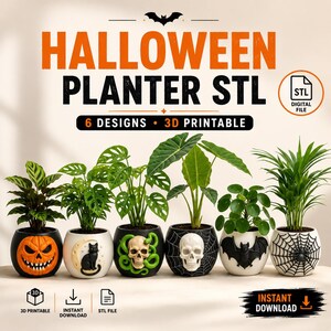 May include: A digital file for 6 Halloween planter designs, 3D printable. The image shows six round planters featuring a jack-o'-lantern, a black cat on a moon, a skull with green snakes, a skull with a spider web, a bat, and a spider web pattern.