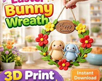 Easter Bunny Wreath STL File, 3D Print Easter Door Decor, Cute Bunny Wall Hanging, Spring Wreath Printable, Instant Download STL