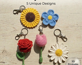 花のキーホルダーSTLバンドル、3Dプリント可能なキーホルダー、かわいい花柄STLファイル、ひまわり、バラ、チューリップ、デイジー、小さなプリントギフトアイデア
