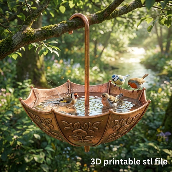 Umbrella Bird Bath STL File | 3D Printable Hanging Bird Feeder | Floral Garden Decor Digital Download | Print at Home Bird Lover Gift