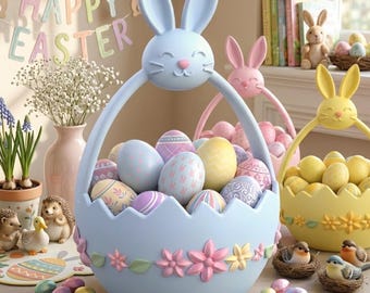 Easter Basket STL, Bunny Basket STL, Easter Egg Basket, Bunny Handle Basket, Easter Candy Holder, Easter Decor STL, 3D Print Basket