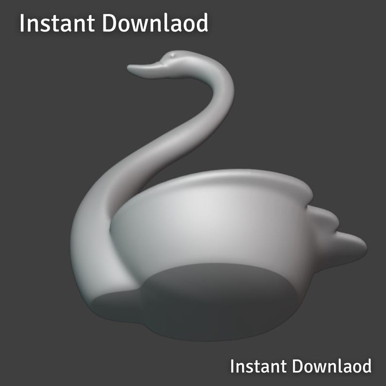 May include: A 3D-rendered, white swan figurine with a curved neck and a rounded body. The swan is set against a dark gray background. The text "Instant Download" is displayed at the top and bottom of the image.