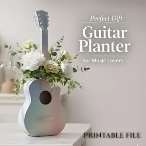 May include: A guitar-shaped planter in pastel colors, filled with white and yellow flowers and greenery. The planter has a sound hole and a guitar neck. Text on the image reads "Perfect Gift Guitar Planter For Music Lovers" and "Printable File."