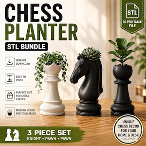 May include: A three-piece chess-themed planter set. The set includes a white queen planter, a black knight planter, and a black pawn planter. The planters are filled with greenery. The image also includes text that says "Chess Planter STL Bundle".