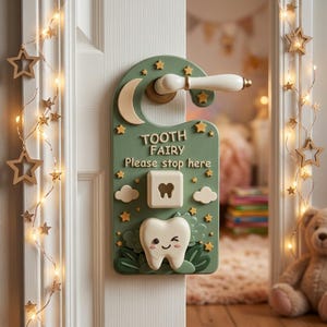 Peut inclure: Un panneau de porte vert sauge avec l'inscription "TOOTH FAIRY Please stop here" en lettres crème. Le panneau comprend un carré crème avec une découpe en forme de dent, une dent souriante, un croissant de lune, des étoiles et des nuages.