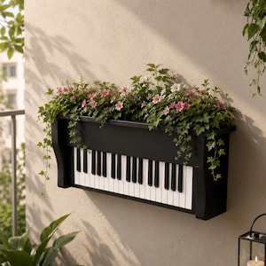 May include: A wall-mounted rectangular planter box featuring a black exterior with a decorative piano keyboard graphic on the front. The planter is filled with green ivy vines and small pink and white flowers, creating a contrast against the dark frame.