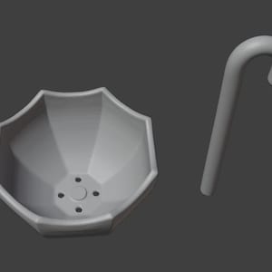 以下が含まれることがあります： グレーの傘型のオブジェクトと曲がったハンドルの3Dレンダリング画像。傘は、中央の円形の特徴といくつかの小さな穴を備えた幾何学的なデザインです。ハンドルはシンプルな曲線形状です。