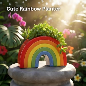 May include: A rainbow-shaped planter in red, orange, yellow, green, and blue, filled with green succulents. The text "Cute Rainbow Planter" is at the top. The planter is on a stone pedestal. A cheerful, colourful addition to any garden or home.