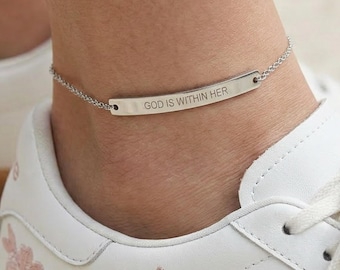 Engraved "God Is Within Her" Curved Bar Anklet | Stainless Steel, Waterproof, Non-Tarnish (Silver, Gold, Rose Gold)