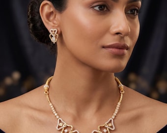 Gold Necklace Set with Earrings, Jewelry Set, CZ Statement Necklace, Bridal Jewelry Set, Wedding Jewelry Gift for Her