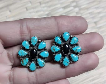 Turquoise Black Onyx Stud Earrings, 925 Sterling Silver Floral Studs, Southwestern Earrings, Vintage Boho Statement Jewelry Gift for Her