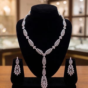Art Deco White Zircon Y-Necklace Set - Silver Geometric Drop Jewelry - Handcrafted Marquise Cluster Earrings - Elegant Bridal Statement Set