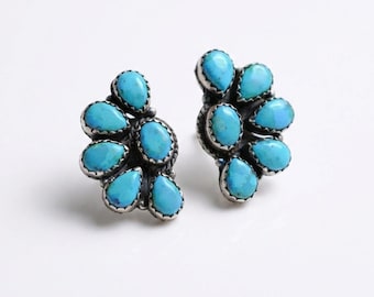 Genuine Turquoise Studs - 925 Sterling Silver Studs - Half Cluster Studs - Pear And Oval Shaped Turquoise Studs - Turquoise Statement Studs