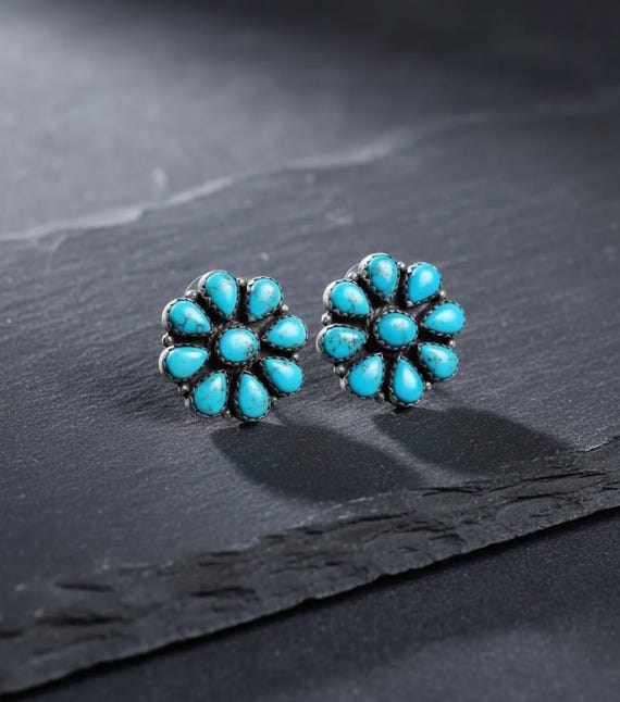 Sleeping Beauty Turquoise Stud Earrings | Navajo Style Sterling Silver Cluster Studs | Southwestern Boho Turquoise Earrings Gift