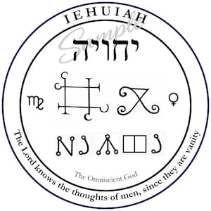 May include: A circular black and white graphic with the text "IEHUIAH" at the top. The image contains Hebrew characters, symbols, and the phrases "The Lord knows the thoughts of men, since they are vanity" and "The Omniscient God."