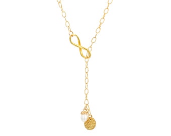 Circle and Pearl Lariat Necklace, Infinity Pendant in Gold.