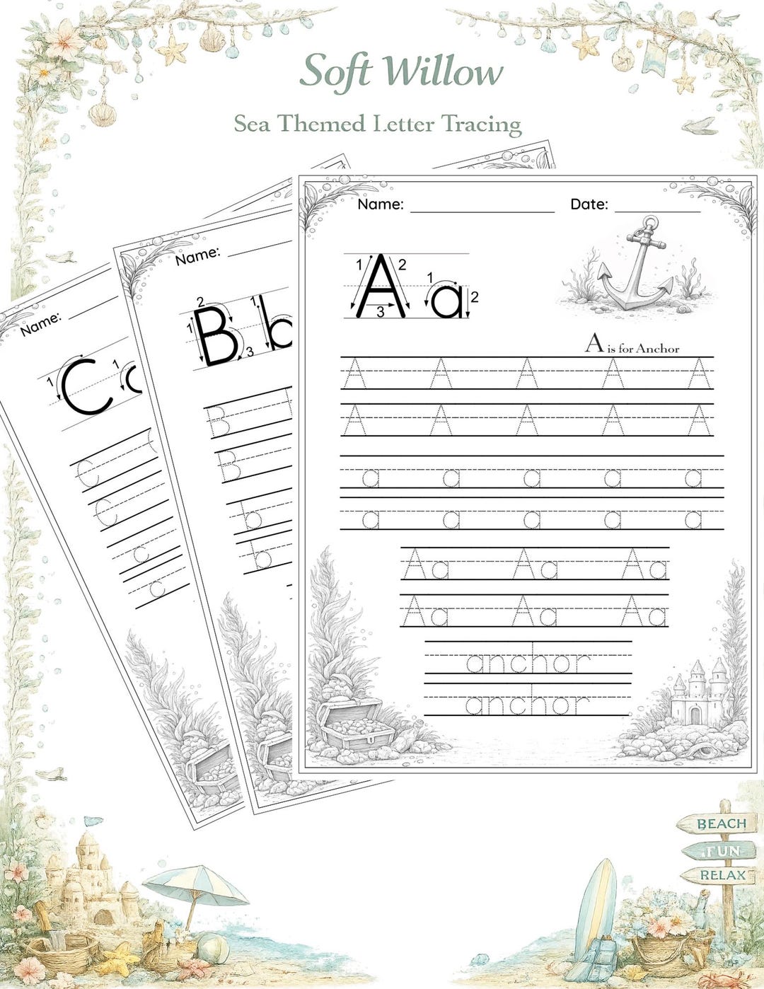 26 Printable Sea and Beach Theme Alphabet Tracing Worksheets. Learn New ...