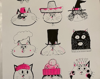 Cats in Hats A3 original risograph print