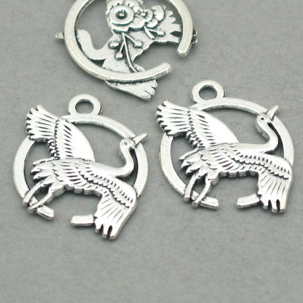 Crane Charms, Crane Bird Feng Shui pendant beads, up to 8 pcs, Antique Silver 21X26mm CM0005S