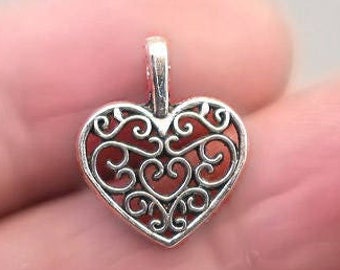Heart Charms, Filigree Small Heart pendant beads, up to 40 pcs, Antique Silver 14X18mm CM1235S