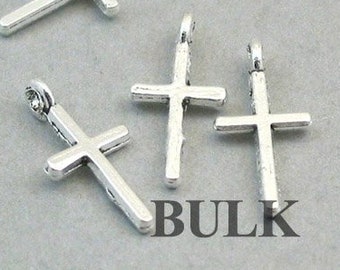 BULK 80 Cross Charms, Wholesale Small Cross pendant beads, Antique Silver 8X17mm CM1260S