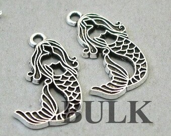 BULK 30 Mermaid Charms, Wholesale Mermaid pendant beads, Antique Silver 16X24mm CM1352S