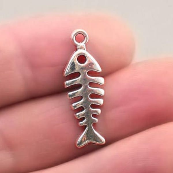 Fish Bone Charms, Fish Skeleton pendant beads, up to 20 pcs, Antique Silver 9X26mm CM1192S