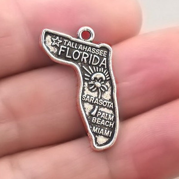 Florida Charms, Florida State Map pendant beads, up to 6 pcs, Antique Silver 20X25mm CM1293S