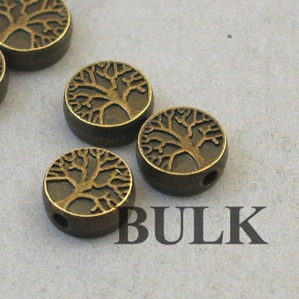 BULK 40 Tree Beads, Wholesale Small Tree of Life Coin Beads, Antique Bronze 9mm BD0108B