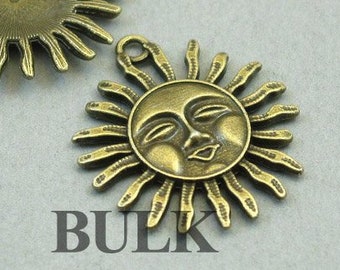 BULK 10 Sun Charms, Wholesale Large Sun Face pendant beads, Antique Bronze 30X33mm CM1396B