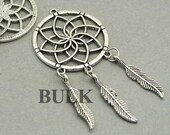 BULK 10 Dream Catcher Charms, Wholesale Large Dream Catcher with Feather pendant beads, Antique Silver 35X70mm CM1096S