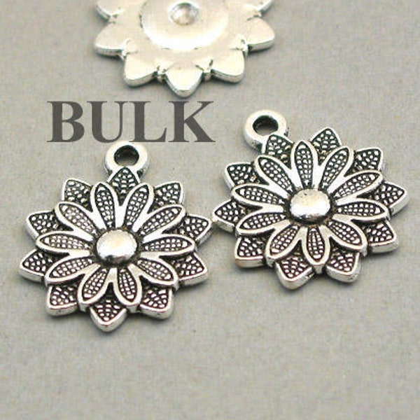 BULK 25 Flower Charms, Wholesale Daisy Flower pendant beads, Antique Silver 19X23mm CM1134S