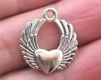 Heart Charms, Heart Wing pendant beads, up to 12 pcs, Antique Silver 19X22mm CM0376S