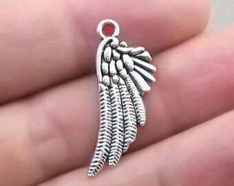 Wing Charms, Feather pendant beads, up to 30 pcs, Antique Silver 12X29mm CM1448S